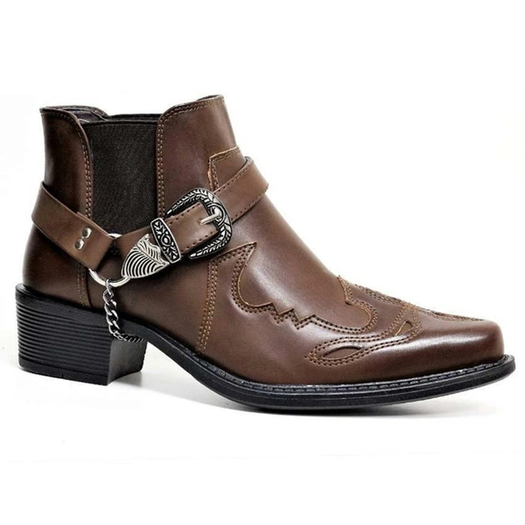 Men's mid-top belt buckle thick heel pointed toe boots 3208