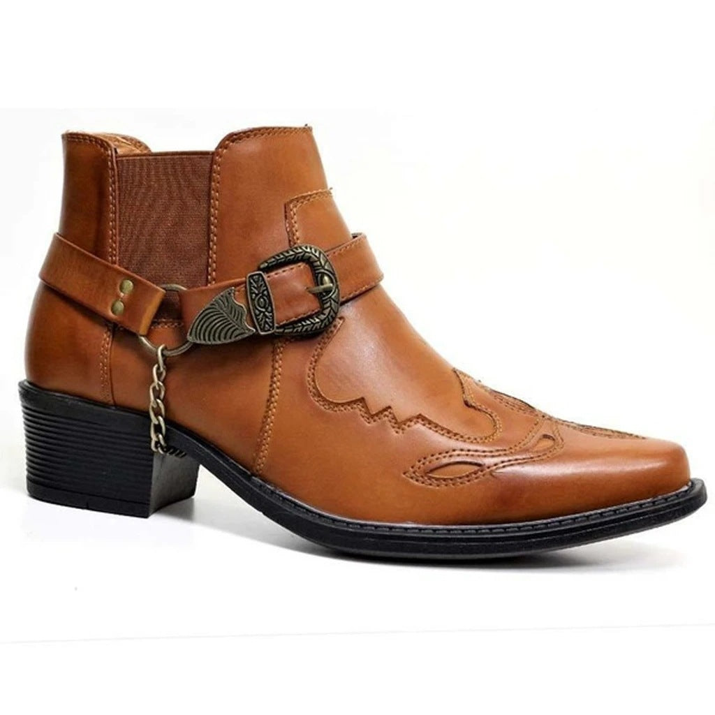 Men's mid-top belt buckle thick heel pointed toe boots 3208
