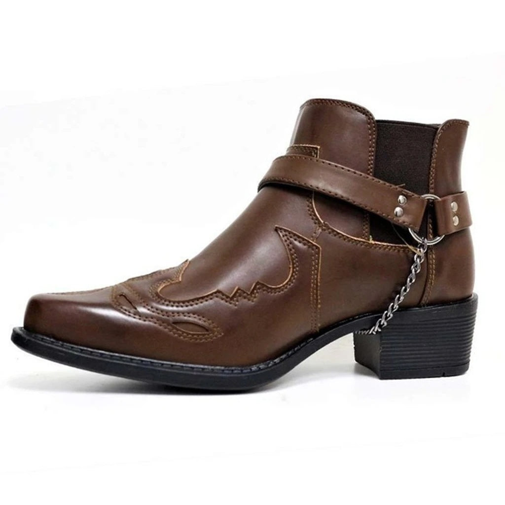 Men's mid-top belt buckle thick heel pointed toe boots 3208