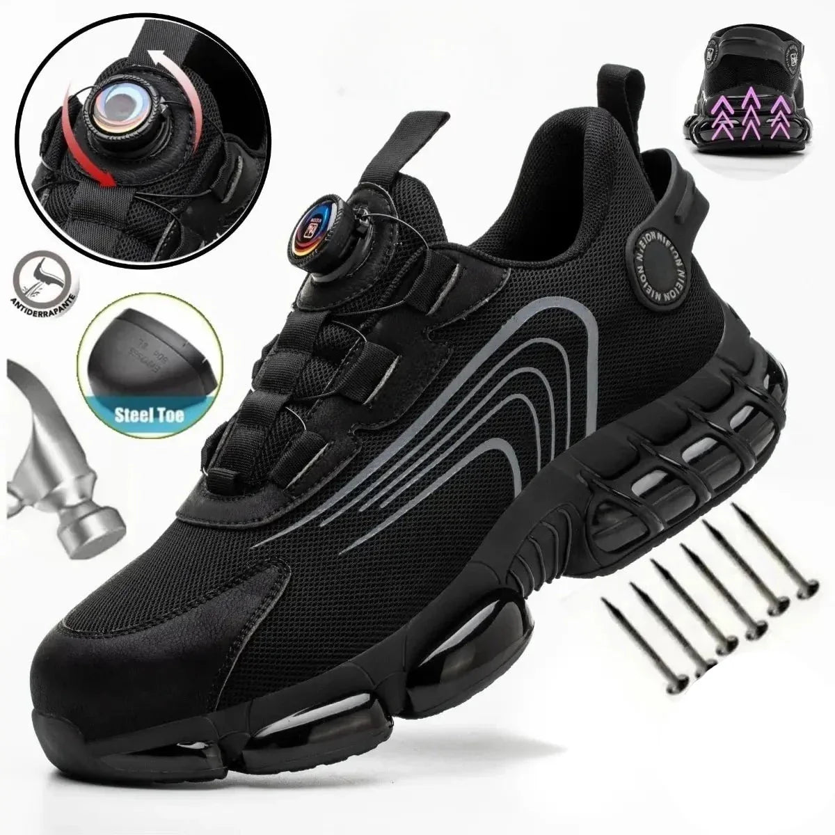 Wildking Black & Grey Rotary Buckle Work Sneakers Protective Safety Steel Toe Shoes R002