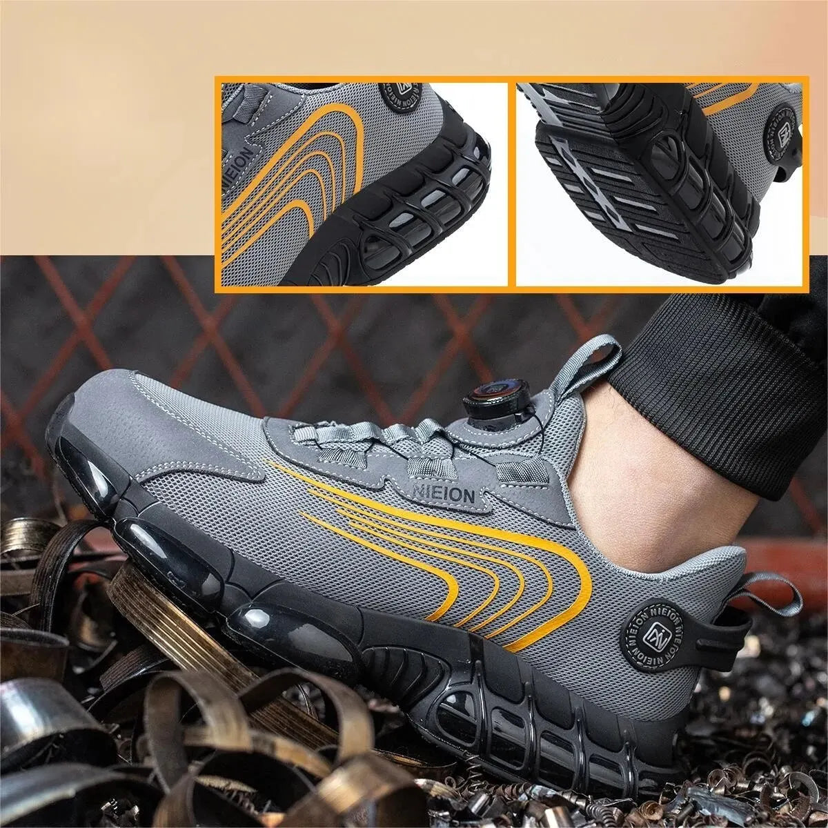Wildking Black & Grey Rotary Buckle Work Sneakers Protective Safety Steel Toe Shoes R002