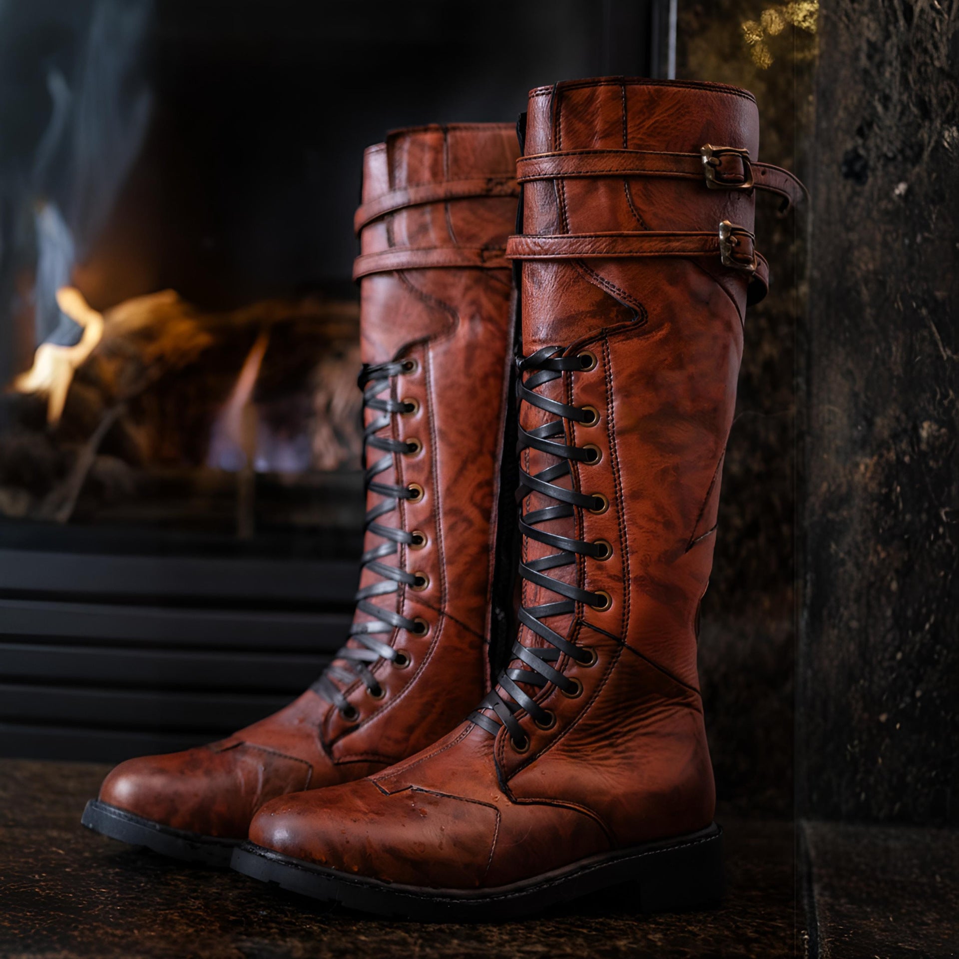 Wildking Men’s Lace-Up Side Zipper Tall Martin Boots – Plus Size Motorcycle Boots B1054