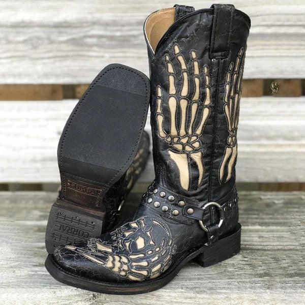 Wildking Halloween Skull Totem Square Toe Belt Buckle Knight Cowboy Boots - Black