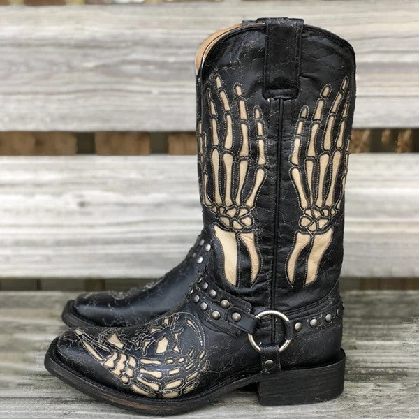 Wildking Halloween Skull Totem Square Toe Belt Buckle Knight Cowboy Boots - Black