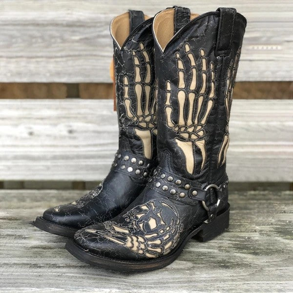 Wildking Halloween Skull Totem Square Toe Belt Buckle Knight Cowboy Boots - Black