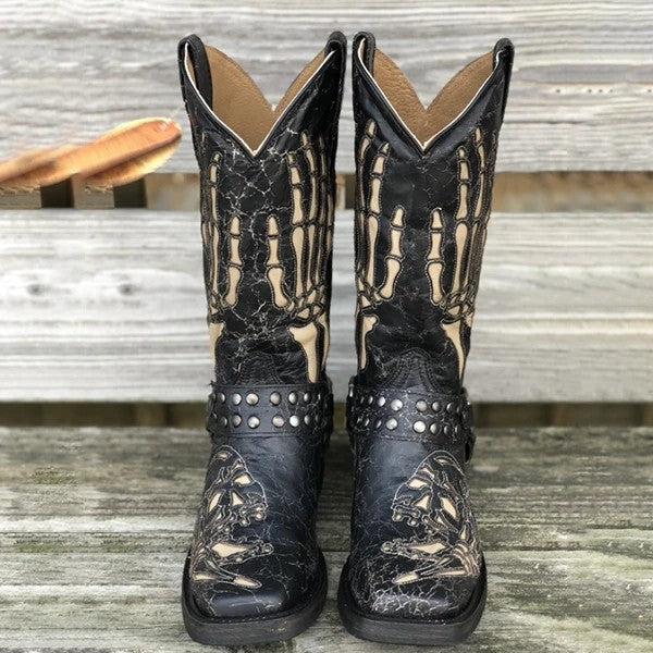 Wildking Halloween Skull Totem Square Toe Belt Buckle Knight Cowboy Boots - Black