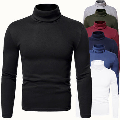 Wildking Men's Solid Color Casual Turtleneck Design Long-Sleeved T-Shirt