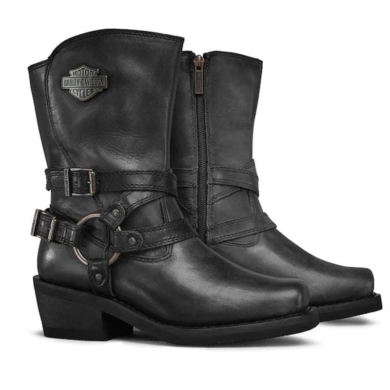 Wildking Retro Square Toe Martin Boots with Belt Buckle-Black