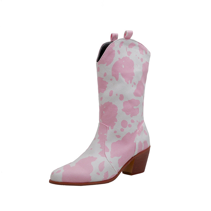 Wildking Women's Block Heel Pointed Toe Cow Pattern Boots C04
