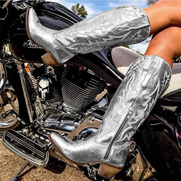 Wildking Women's Embroidered Pointed Toe Rider Boots – Block Heel Boots