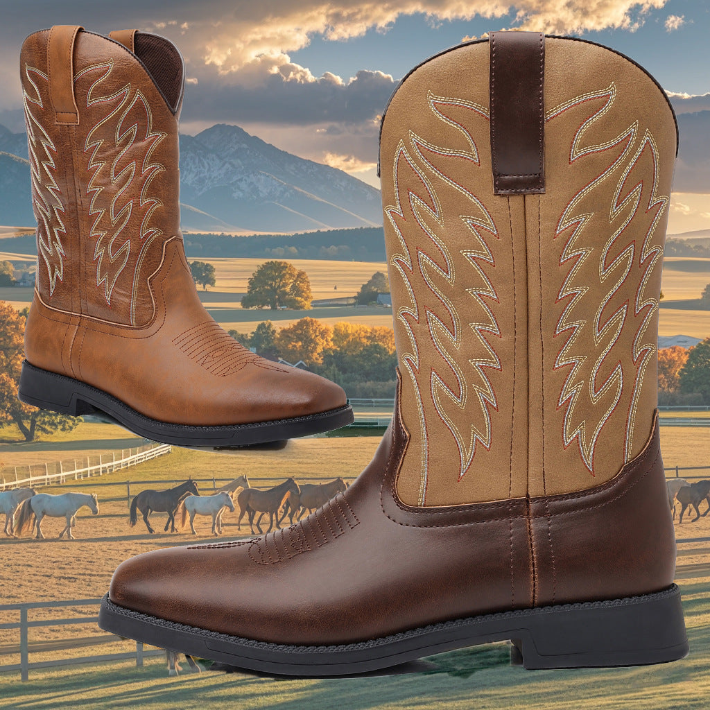 Wildking Men's Leather Embroidered Square Toe Retro Classic Western Cowboy Boots 9701