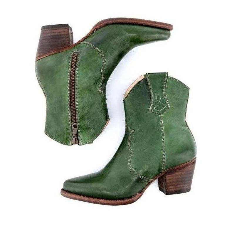 Wildking Round Toe Ethnic Women's Leather Boots with Side Zipper B2001