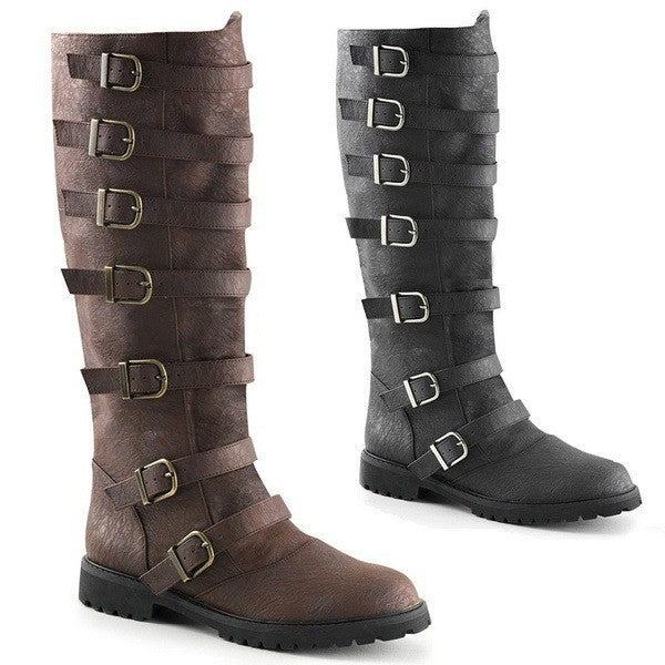 Wildking Men's Low Heel High Leg Retro Multiple Buckle Leather Boots
