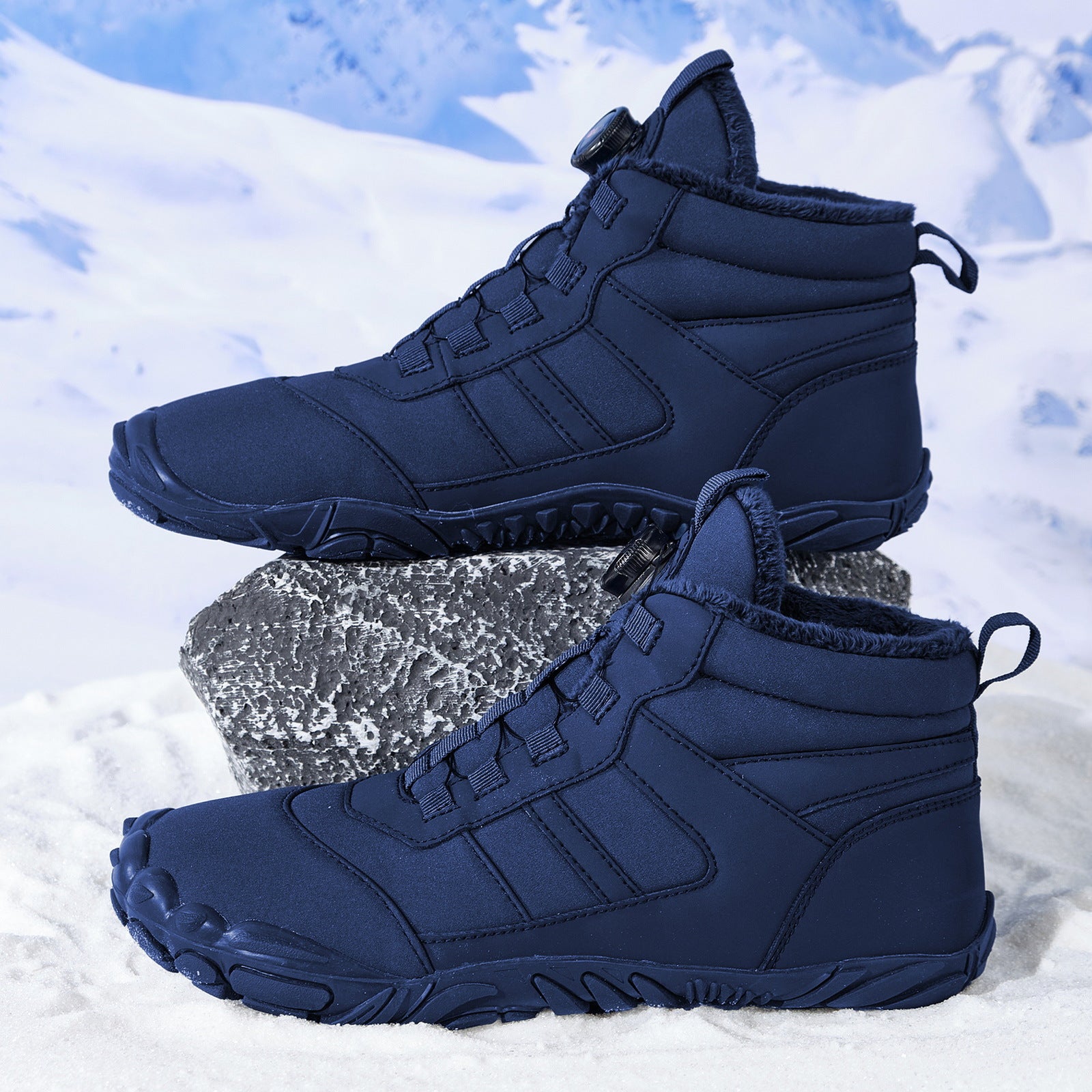 Wildking Men’s Mid-Top Thickened Fleece Barefoot Snow Boots with One-Touch Dial C4222