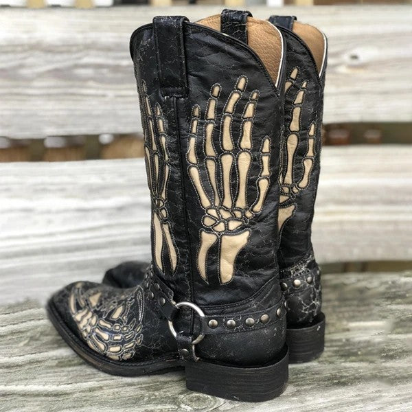 Wildking Halloween Skull Totem Square Toe Belt Buckle Knight Cowboy Boots - Black