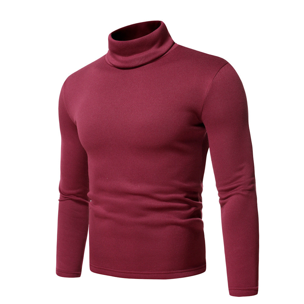 Wildking Men's Solid Color Casual Turtleneck Design Long-Sleeved T-Shirt