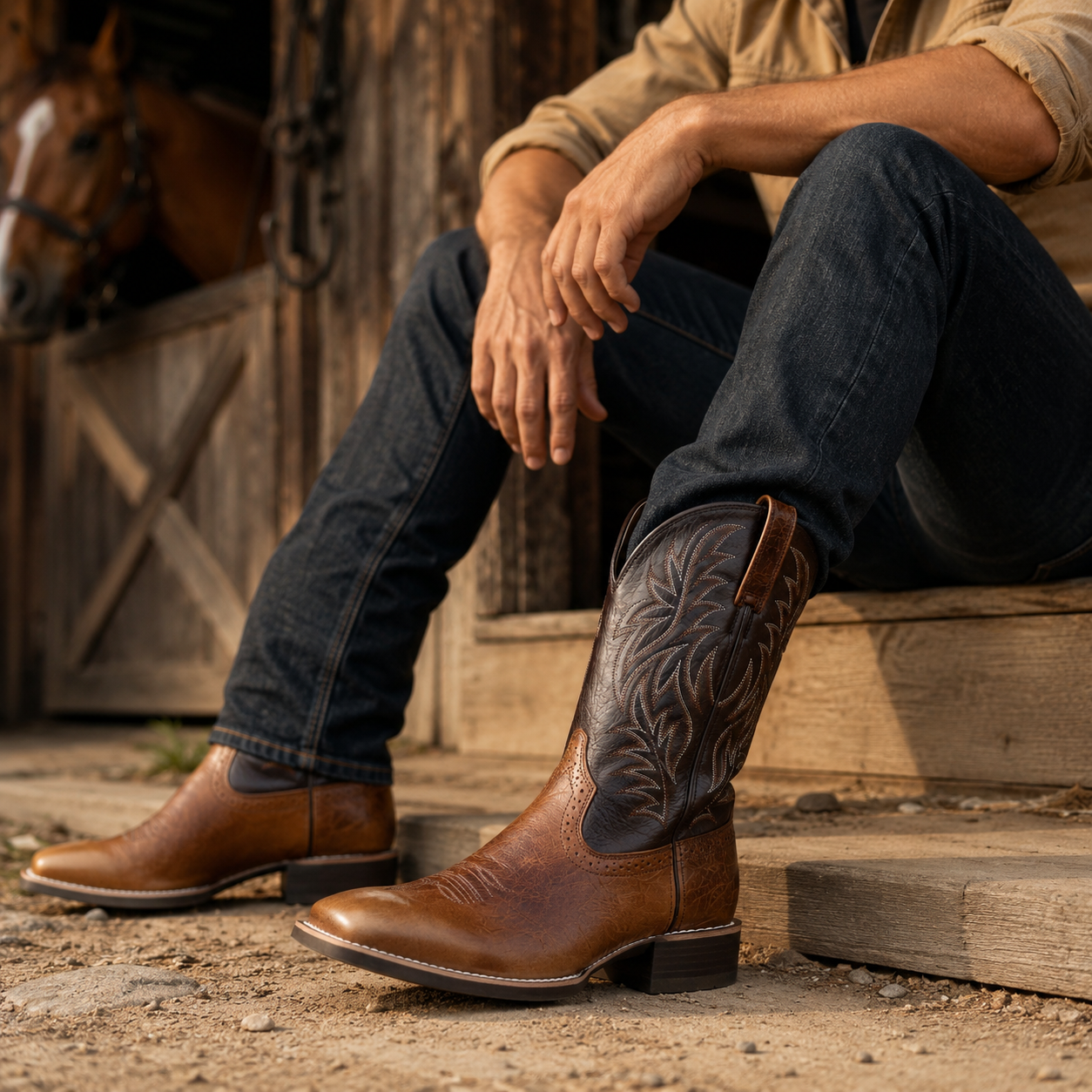 Wildking Men's High-top Embroidered Retro Wide-Head Western Cowboy Boots 8701