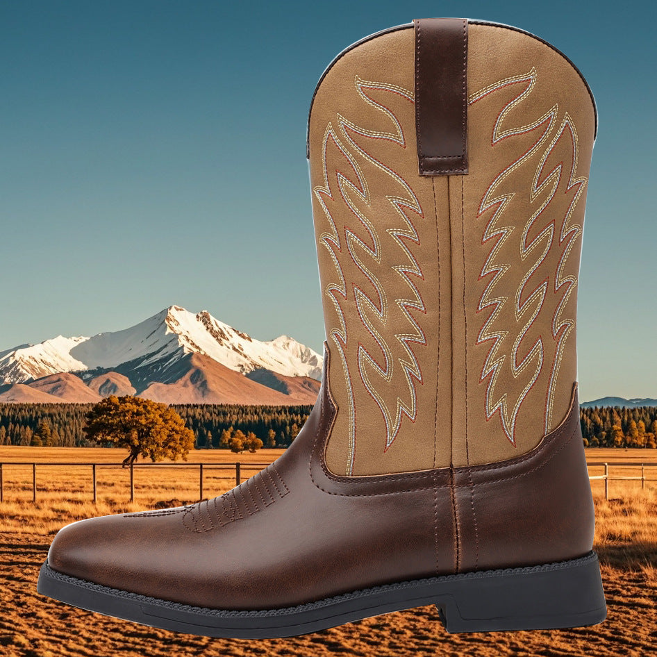 Wildking Men's Leather Embroidered Square Toe Retro Classic Western Cowboy Boots 9701