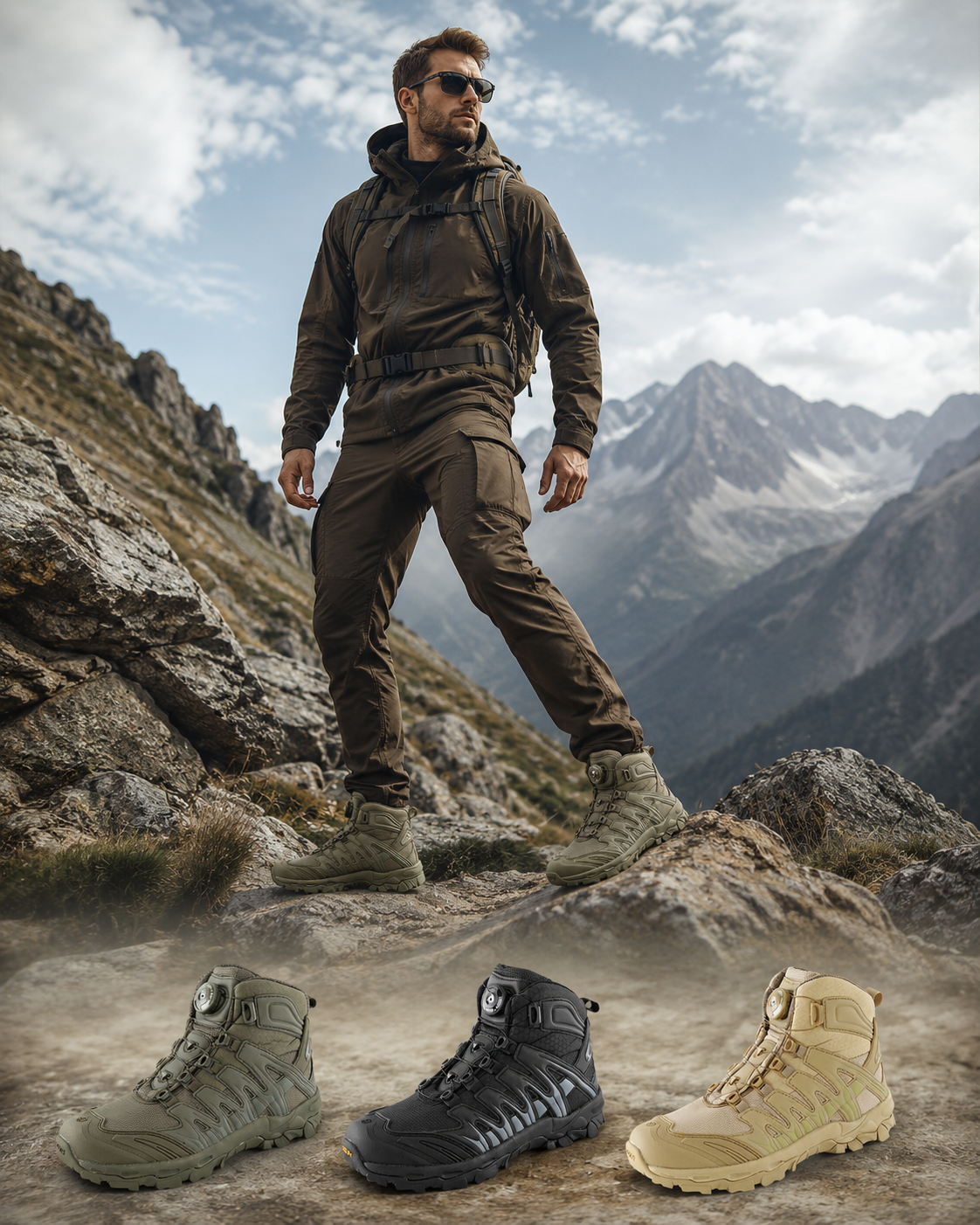 Wildking Men's Waterproof Mid-top Automatic Knob Buckle All-Terrain Hiking Boots 2005